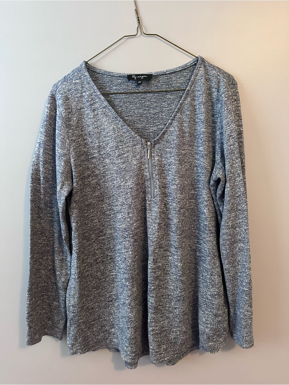 Lily Morgan Heathered Blue V-Neck Zip-Accent Long Sleeve Top